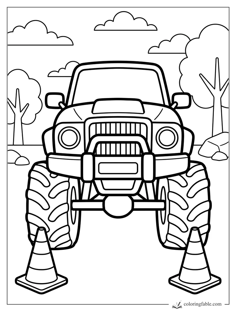 Front-view monster truck with huge tires, two traffic cones, trees, rocks, and puffy clouds.