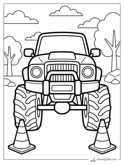 Front-view monster truck with huge tires, two traffic cones, trees, rocks, and puffy clouds.
