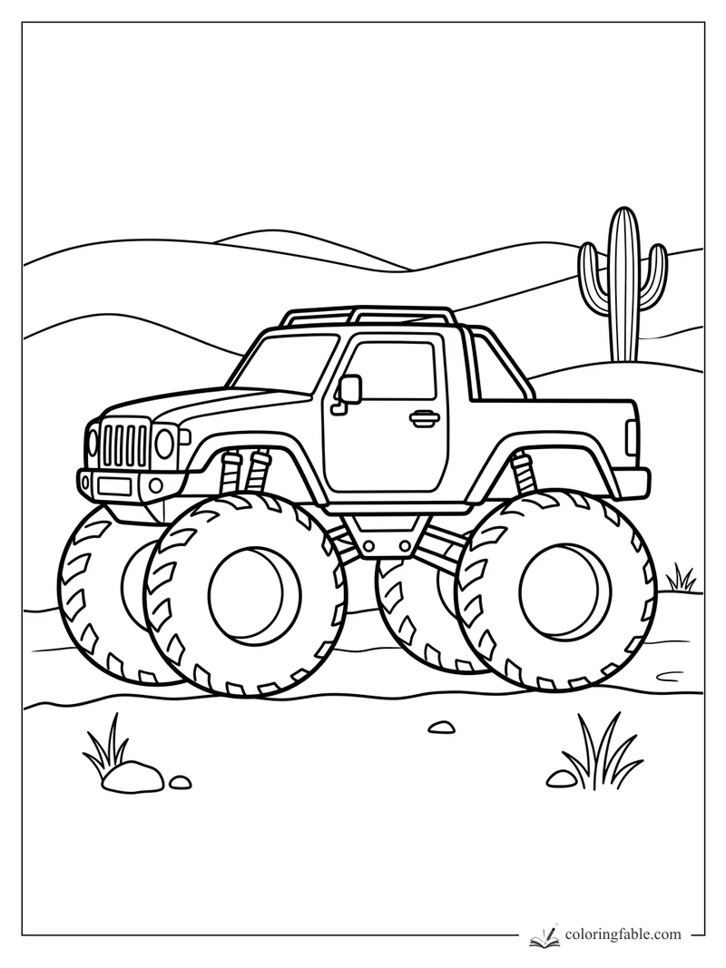 Easy monster truck coloring page with huge tires, desert hills, rocks, grass, and a tall cactus.