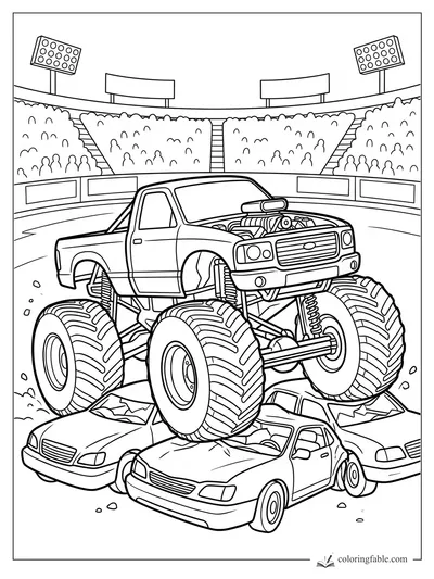 Monster truck with giant tires crushing cars in a packed stadium arena