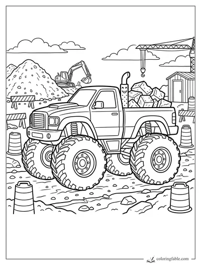 Monster truck carrying rocks at a construction site with excavator, crane, cones, and dirt piles