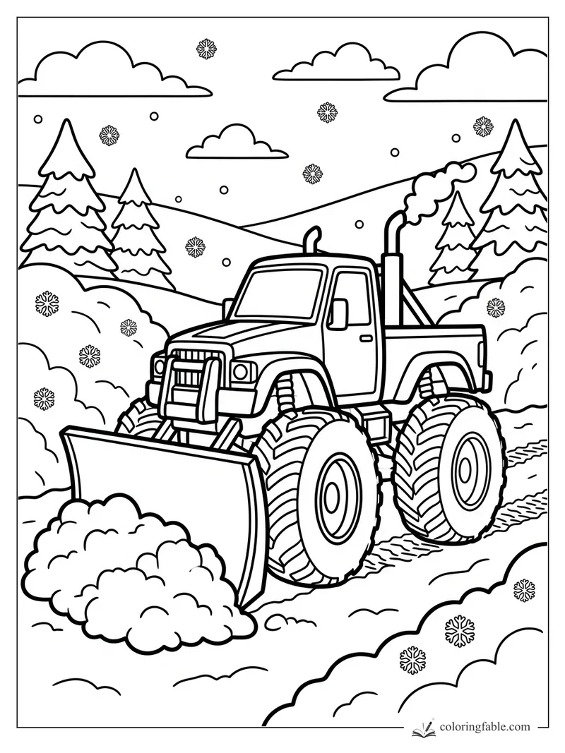 Monster truck snowplow clearing a snowy road between pine trees and falling snowflakes