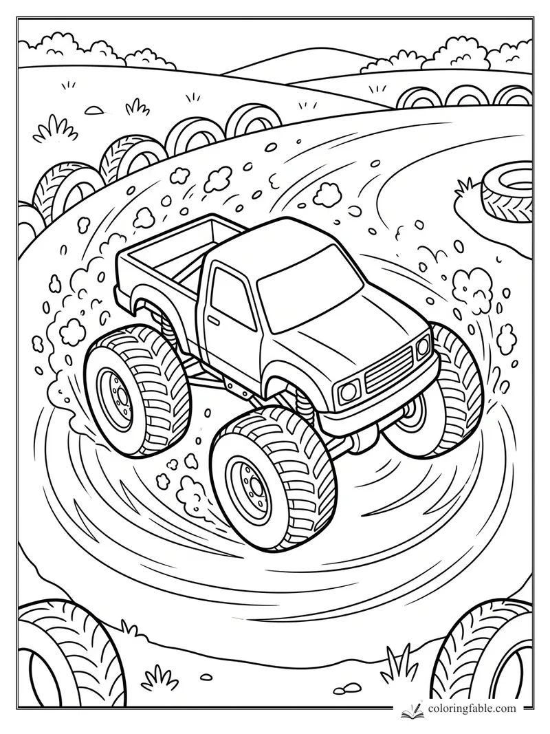 Cartoon monster truck drifting through a dirt tire course with mud splashes and rolling hills
