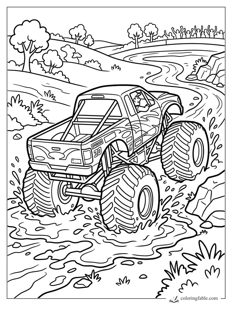 Cartoon monster truck with driver splashing through a muddy river bend on giant tires.