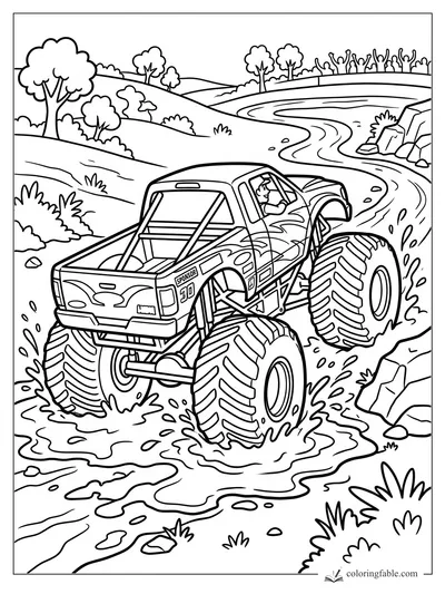 Cartoon monster truck with driver splashing through a muddy river bend on giant tires.