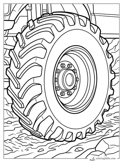Close-up coloring page of a monster truck tire with huge treads rolling over rocks.