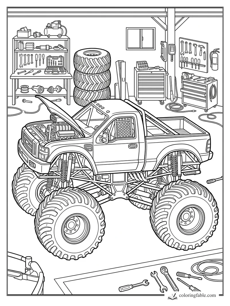 Realistic monster truck in a garage with hood open, huge tires, toolboxes, stacked tires, and wall tools