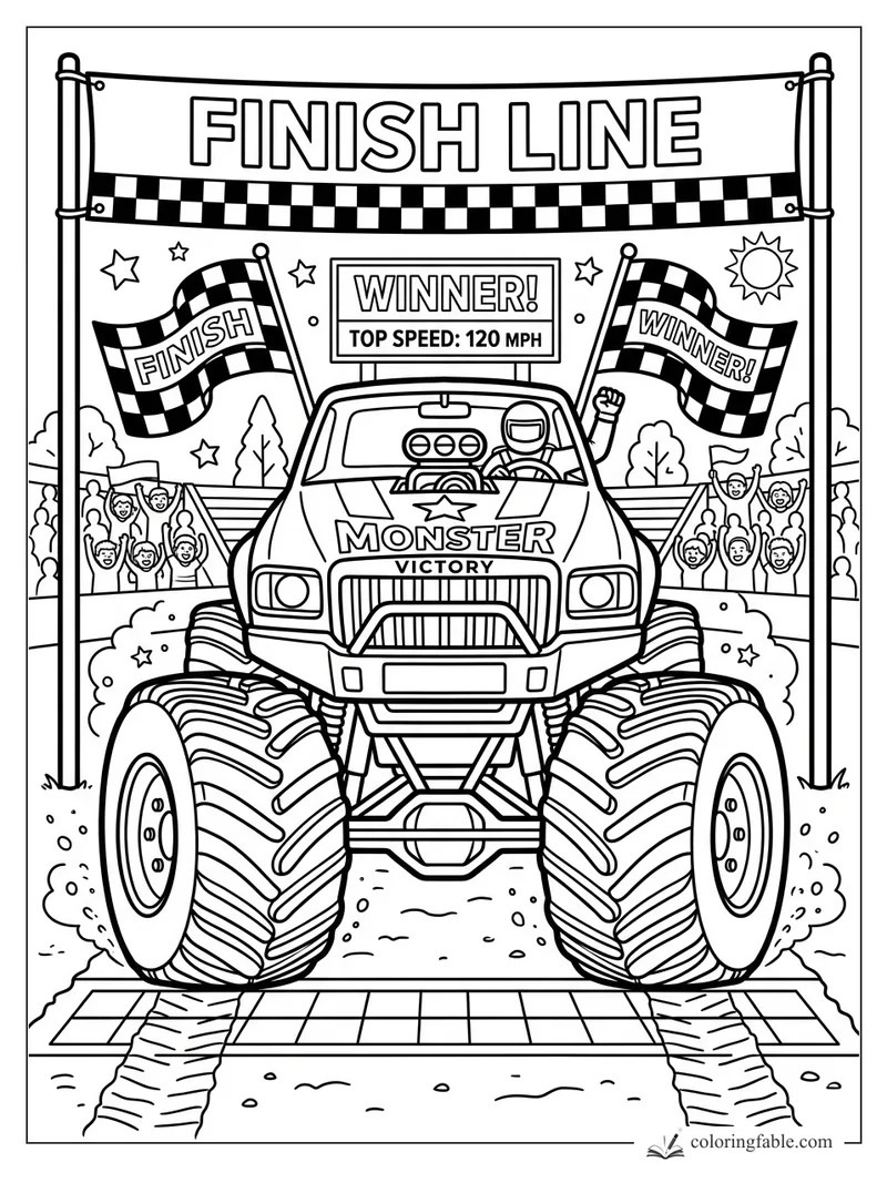 Monster truck crossing a checkered finish line with flags, cheering fans, and winner signs