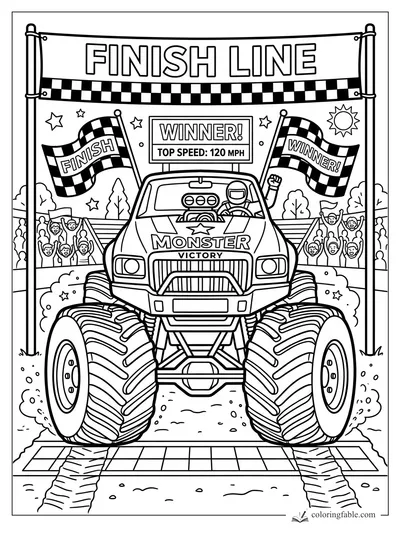 Monster truck crossing a checkered finish line with flags, cheering fans, and winner signs