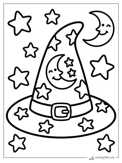 Easy witch hat coloring page with smiling moons, a buckle band, and chunky stars
