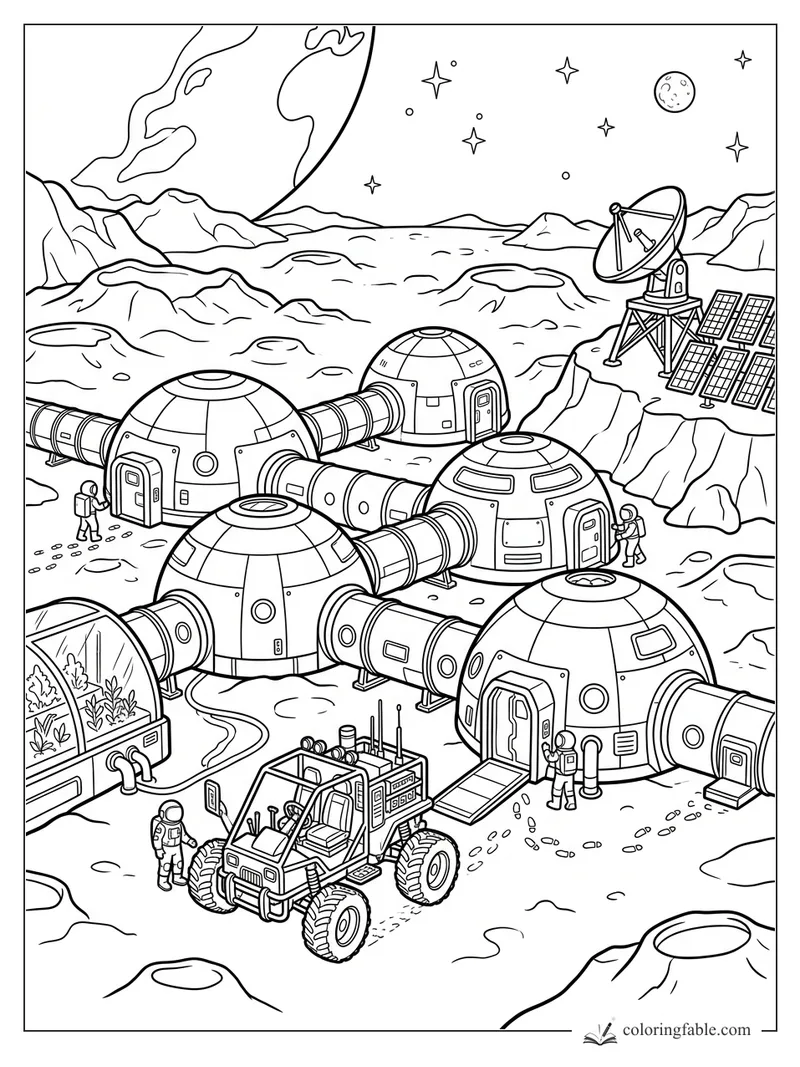 Moon base coloring page with connected domes, rover, greenhouse, satellite dish, astronauts, stars, and planet.
