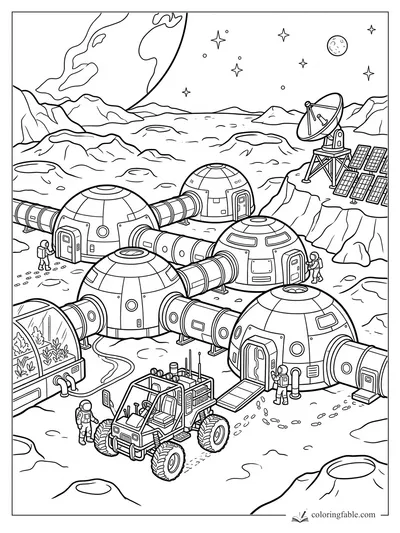 Moon base coloring page with connected domes, rover, greenhouse, satellite dish, astronauts, stars, and planet.