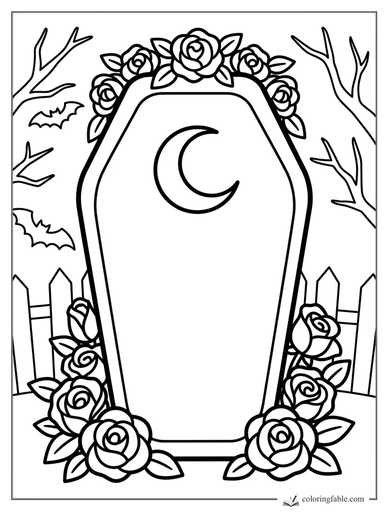 Halloween coffin with crescent moon, roses, bats, bare trees, and picket fence coloring page