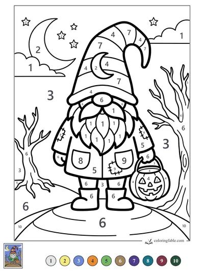 Moon-Hat Gnome with a Pumpkin Pail — color by number