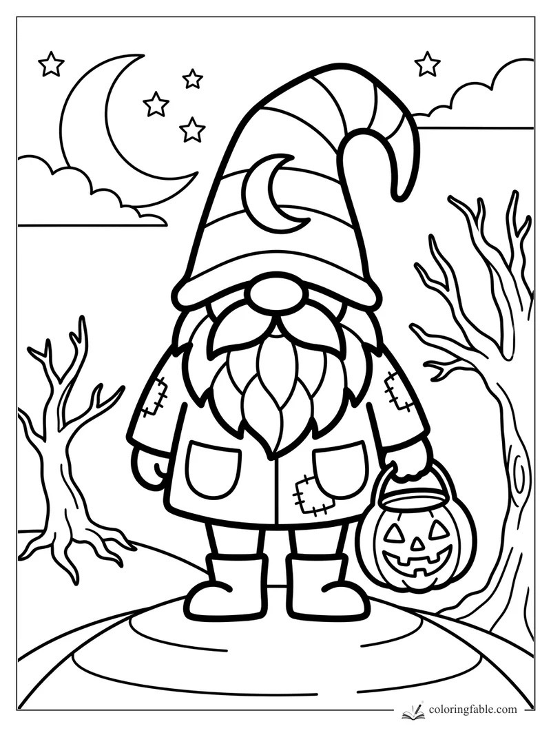 Easy Halloween gnome coloring page with moon hat, pumpkin pail, crescent moon, stars, and bare trees.