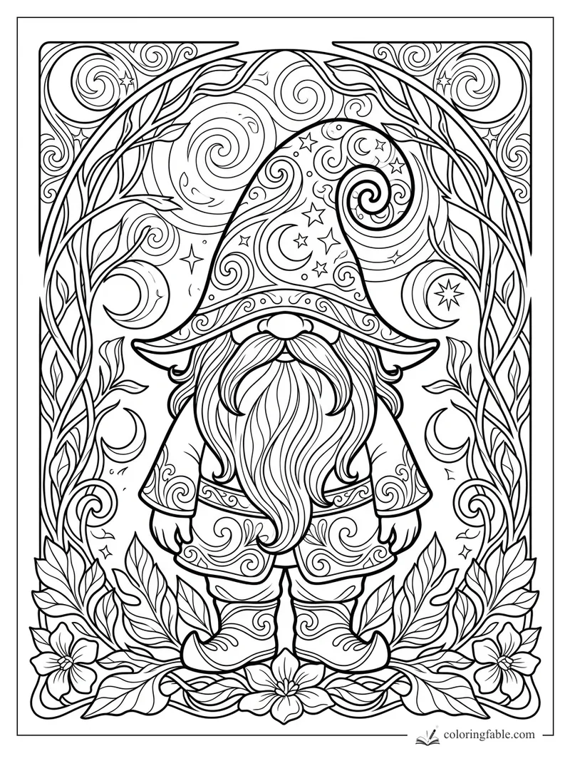 Intricate art nouveau gnome with moon-and-star hat, flowing beard, vines, flowers, and swirling sky