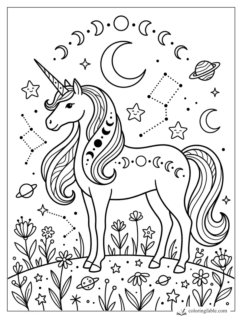 Aesthetic unicorn with moon phases, constellations, planets, stars, and flowers in a celestial meadow