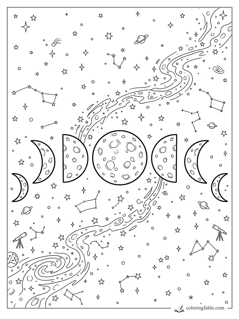 Moon phases, constellations, planets, telescopes, and swirling galaxy streams in a space coloring page