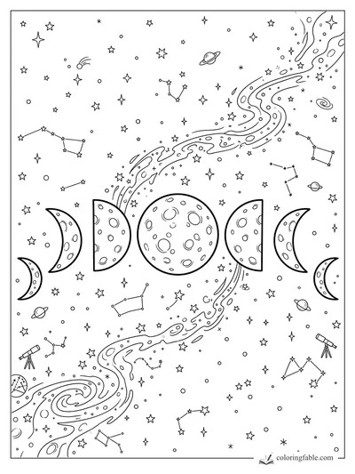 Moon phases, constellations, planets, telescopes, and swirling galaxy streams in a space coloring page