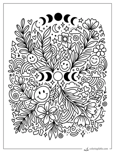 Intricate doodle garden with smiley faces, moon phases, flowers, leaves, rainbows, stars, hearts, and clouds.