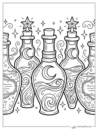 Halloween potion bottles with crescent moons, star stoppers, swirling labels, and sparkles