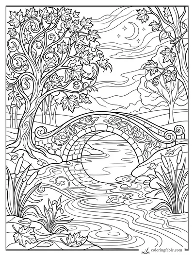 Art nouveau coloring page of a curved stone bridge, maple trees, cattails, moon, stars, and winding stream.