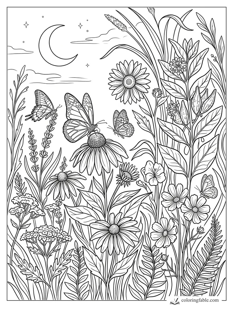 Aesthetic coloring page of moonlit August wildflowers, daisies, tall grasses, stars, clouds, and butterflies.