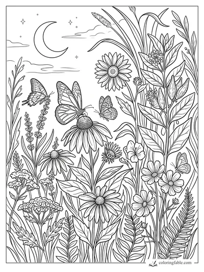 Aesthetic coloring page of moonlit August wildflowers, daisies, tall grasses, stars, clouds, and butterflies.
