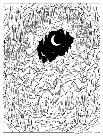 Halloween coloring page of smiling bats flying through a stalactite cave under a crescent moon