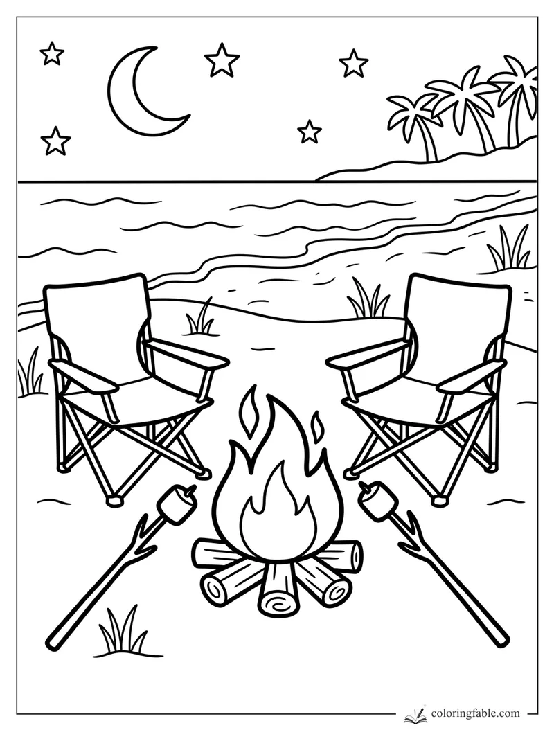 Easy beach campfire coloring page with two chairs, marshmallow sticks, crescent moon, stars, palms, and waves.