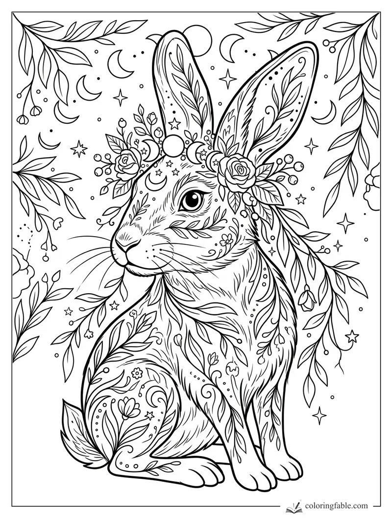Intricate rabbit coloring page with floral ears, leafy vines, crescent moons, stars, and roses.
