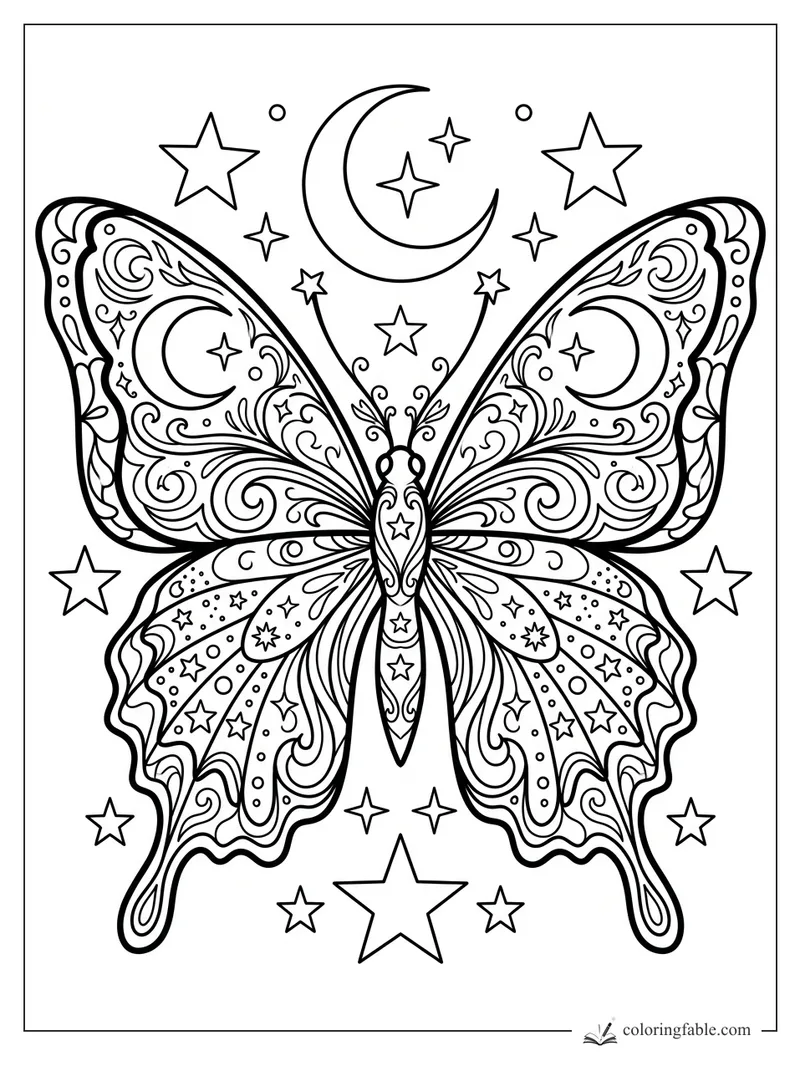 Aesthetic butterfly coloring page with moon swirls, stars, curls, and ornate patterned wings