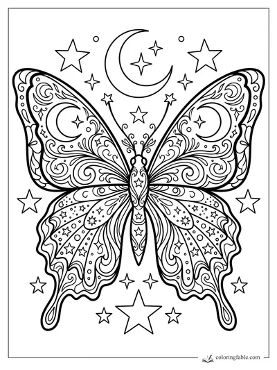 Aesthetic butterfly coloring page with moon swirls, stars, curls, and ornate patterned wings