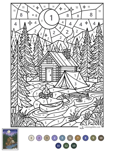 Moonlit Cabin Camp in Stained Glass — color by number