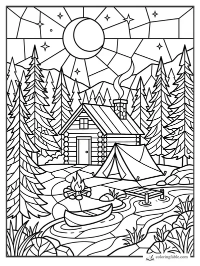 Stained-glass camping scene with log cabin, tent, campfire, canoe, creek, pines, mountains, moon and stars.