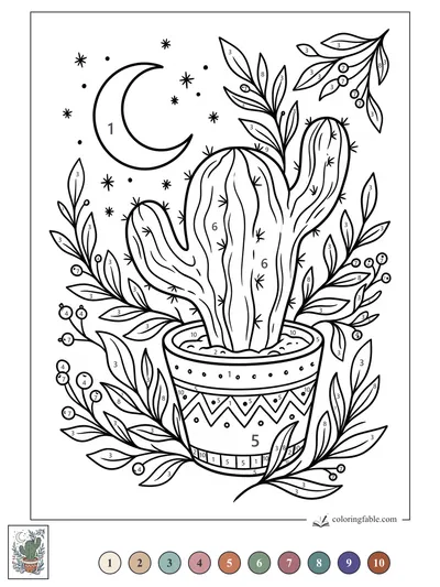 Moonlit Cactus in a Patterned Pot — color by number