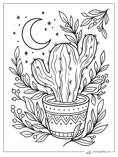 Aesthetic potted cactus with leafy branches, berries, crescent moon, and stars coloring page