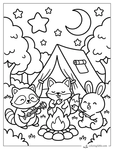 Fox, raccoon, and bunny play music by a campfire outside a tent under a crescent moon and stars.