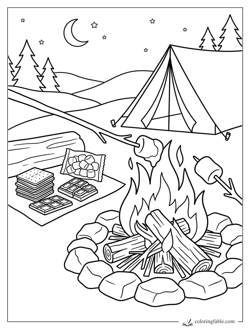 Summer camping coloring page with tent, campfire, marshmallows, chocolate, crackers, moon, stars, and pines