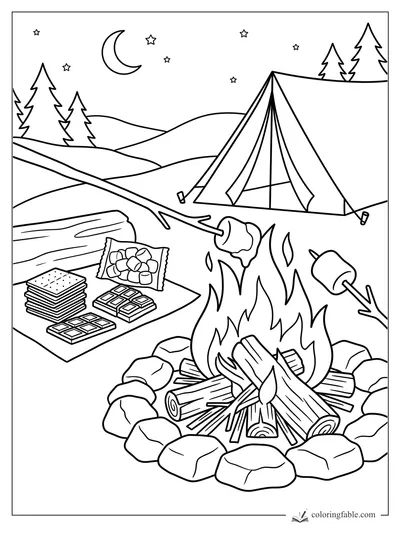 Summer camping coloring page with tent, campfire, marshmallows, chocolate, crackers, moon, stars, and pines