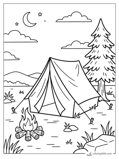 Easy camping coloring page with tent, campfire, pine tree, crescent moon, stars, clouds, hills, rocks, and grass.