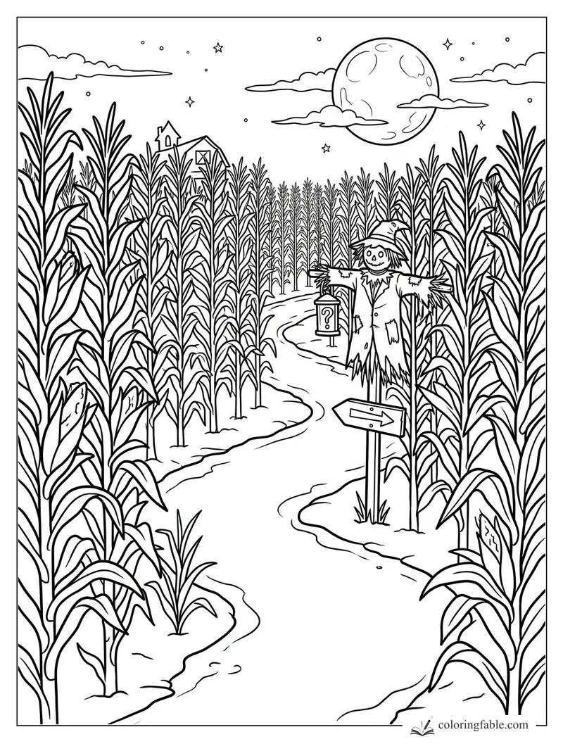 Halloween corn maze with scarecrow signpost, question-mark lantern, barn, stars, clouds, and full moon
