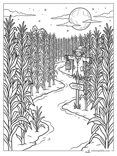 Halloween corn maze with scarecrow signpost, question-mark lantern, barn, stars, clouds, and full moon