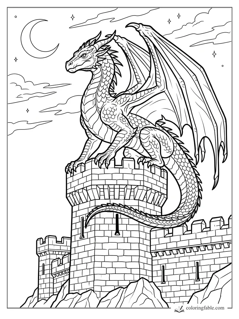 Realistic dragon perched on a castle tower beneath a crescent moon and stars.