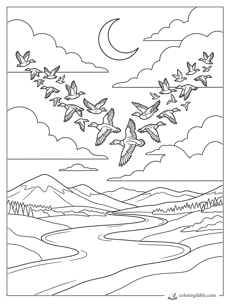 Flock of ducks flying in a V under a crescent moon above mountains, clouds, pines, and a winding river.