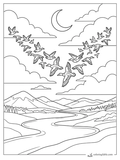 Flock of ducks flying in a V under a crescent moon above mountains, clouds, pines, and a winding river.