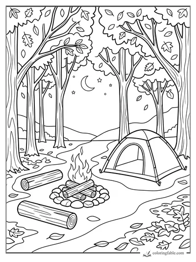 Fall forest campsite coloring page with tent, campfire, logs, moon, stars, and falling leaves.