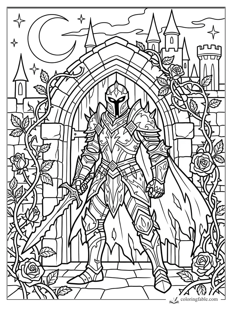 Gothic knight in ornate armor at a castle gate with roses, towers, crescent moon, and stars