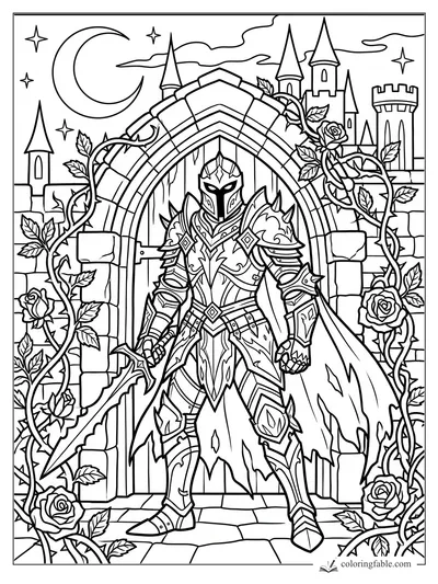 Gothic knight in ornate armor at a castle gate with roses, towers, crescent moon, and stars