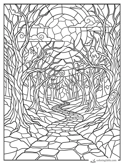 Intricate stained-glass Halloween forest path with bare trees, bats, ghosts, clouds, and a huge moon.